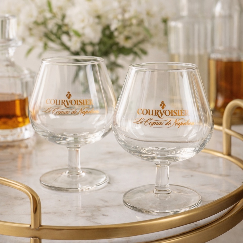 Vintage Courvoisier Cognac Glasses Set of 2 Brandy Goblets Gold Logo Barware